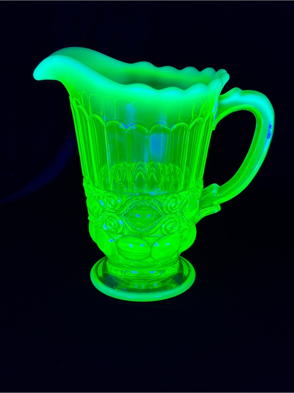 Vintage Mosser Glass Eye Winker Yellow Vaseline Opalescent Glass Pitcher